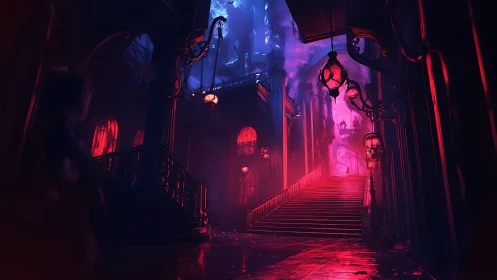Velvet-lit gothic staircase inviting a mysterious night walk.