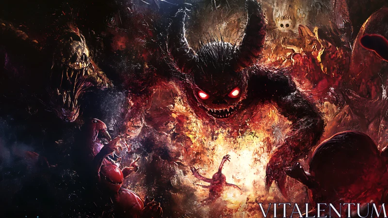 Fierce horned demon lunges from a fiery chaos of monsters