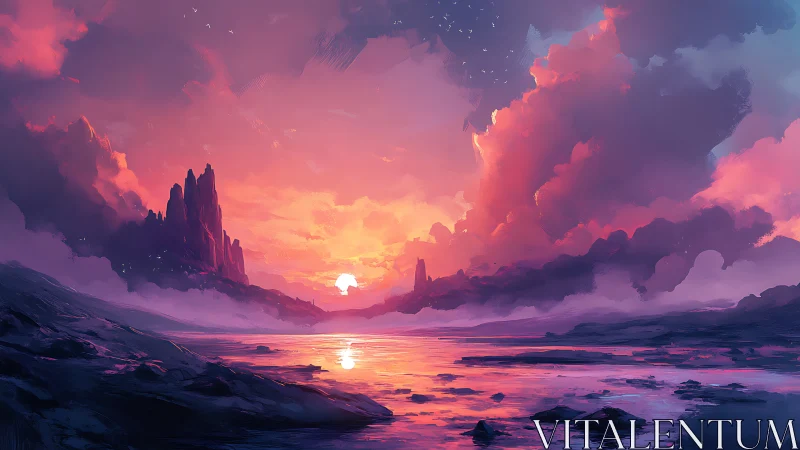 Dreamy sunset bay wrapped in glowing pink and violet clouds.