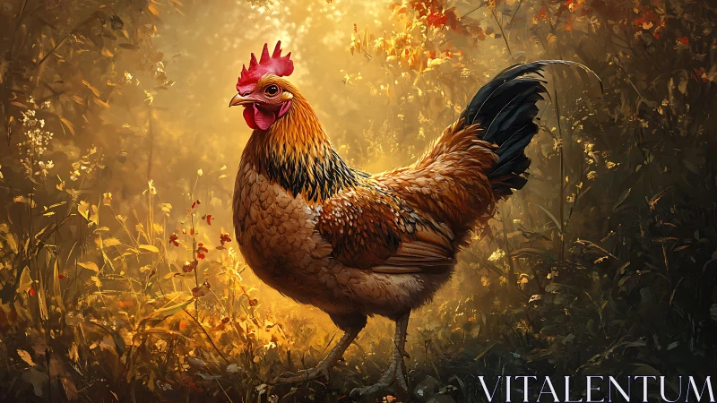 Golden Rooster in Autumnal Field Rendered with Dramatic Lighting
