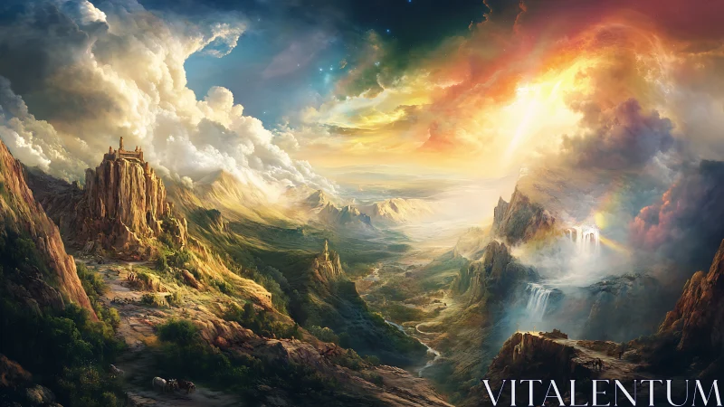 Fantasy mountain kingdom under radiant storm sky.