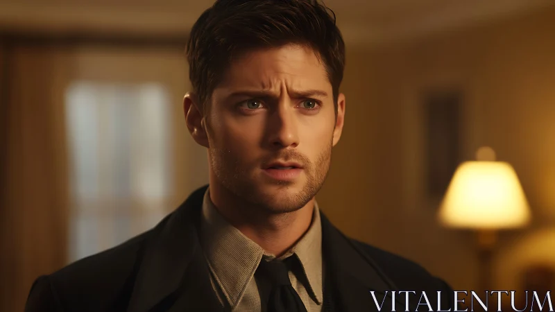 Pensive young man stands in warm lamplit room interior