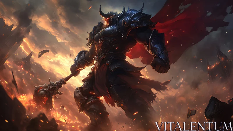 Armored warlord stands over burning battlefield in ruins.