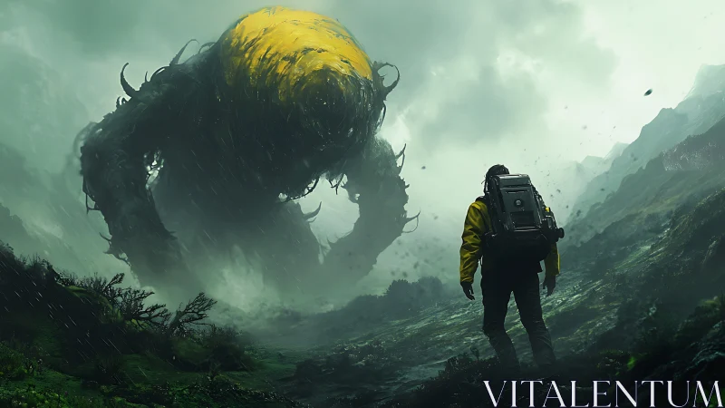 Explorer confronts massive alien creature on stormy ridge.