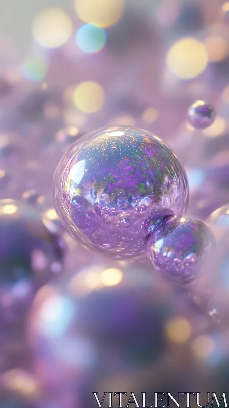 Macro-rendered iridescent spheres with volumetric bokeh glow.