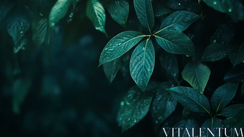 Dark green leaves with raindrops in soft natural light.