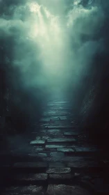 Misty stone pathway dissolving into ethereal backlit fog.