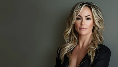 Confident blonde woman portrait on neutral gray background.