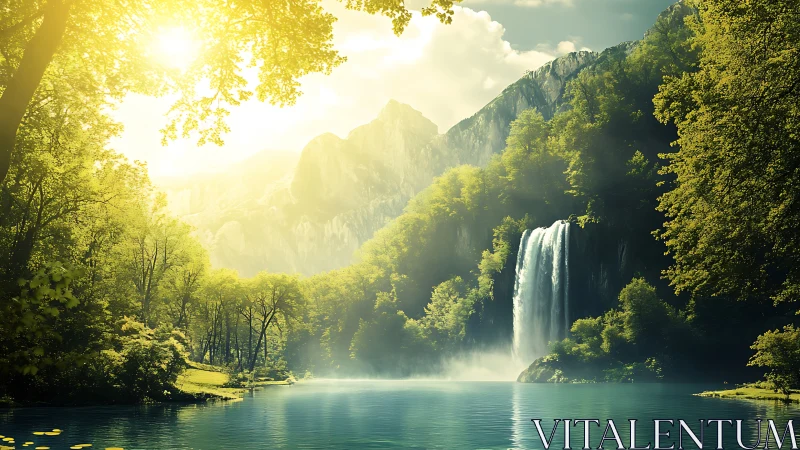 Sunlit forest waterfall cascades into tranquil turquoise lake