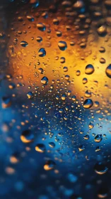 Macro water droplets refract warm bokeh on cool gradient glass