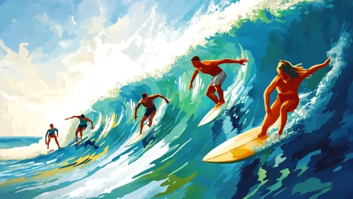 Dynamic multi-surfer ocean wave scene in stylized digital painting