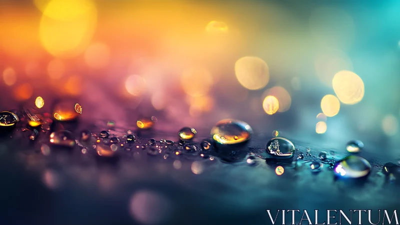 Prismatic raindrop constellations on a neon twilight shore.