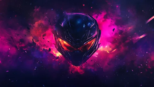 Neon cosmic helmet gazing through swirling galactic fire.