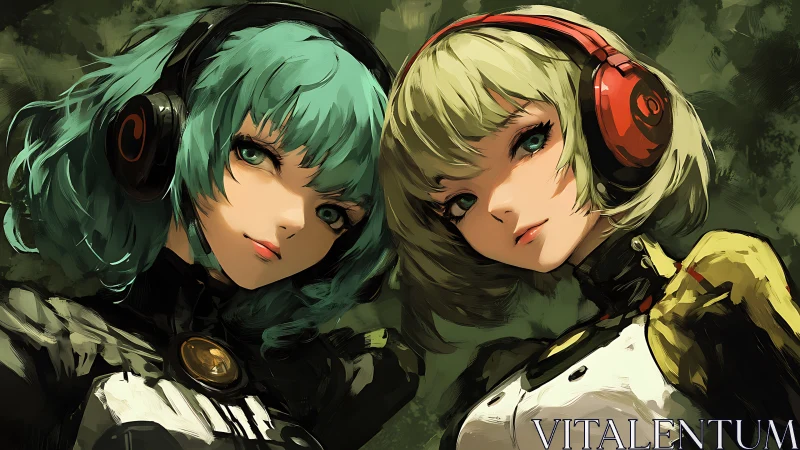 Twin cyber pop idols in vivid anime headset portraits.
