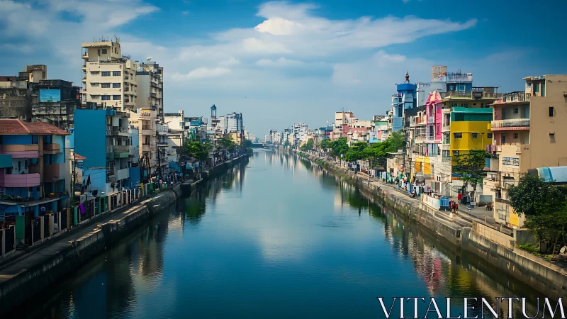 Urban canal corridor reflects chromatic high-rise facades