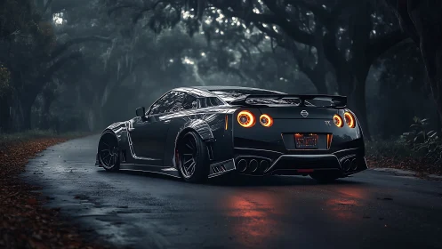Midnight Nissan GT-R widebody on misty forest backroad.