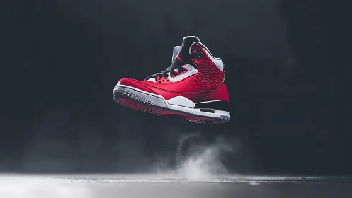 Striking red sneaker suspended midair with bold urban energy.