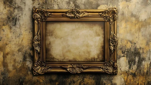 Empty ornate gold picture frame centered on textured wall