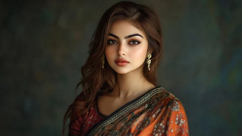 Portrait of woman in embroidered sari with controlled soft lighting