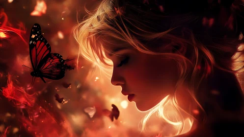 Luminous profile portrait with ember-lit butterfly encounter.