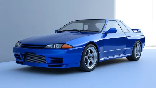 Blue two-door sports coupe in minimal studio setting.