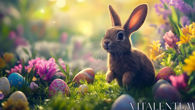Soft-sunlit bunny pauses amid painted eggs and spring bloom