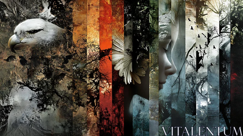 Surreal avian and human fusion across textured panels.