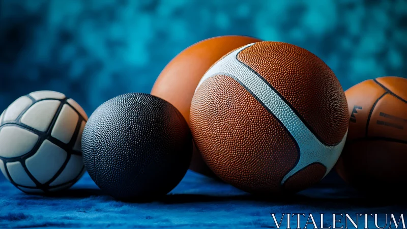 Textured sports balls basking in cool blue studio glow.