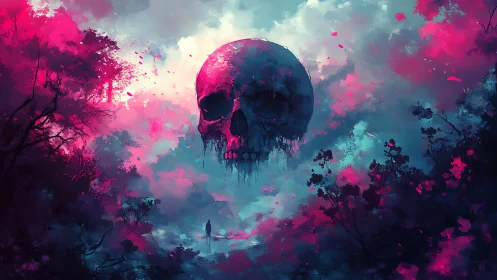 Giant skull over misty forest in neon pink and cyan sky.