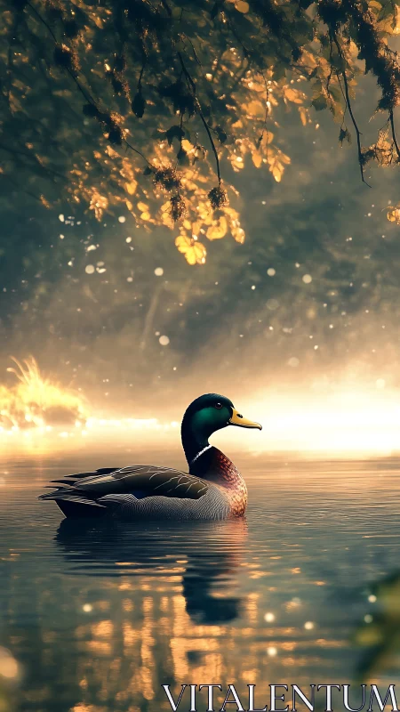Male mallard duck on calm reflective lake at sunrise.