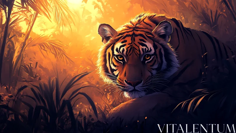 Digital painting of a tiger in cinematic backlit jungle chiaroscuro.