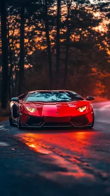 Red supercar cuts through dusk forest road with vivid glow