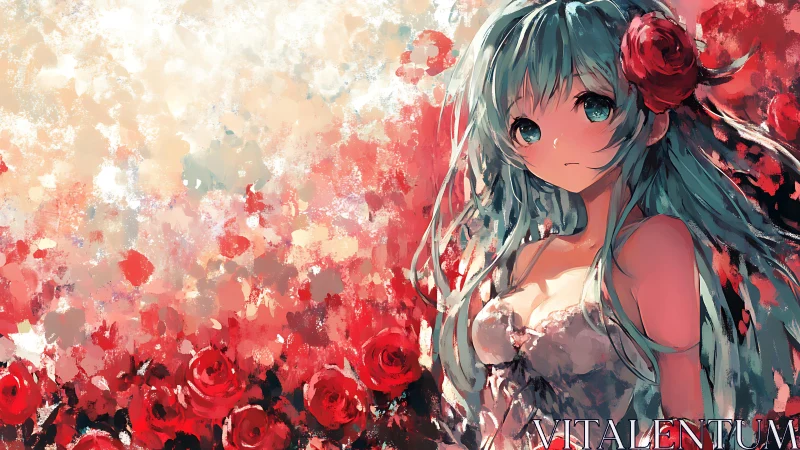 Soft green-haired girl resting amid wild painted roses.