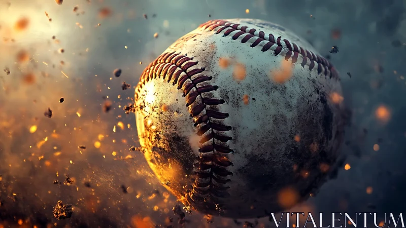 Dynamic close-up baseball blasting through flying debris.