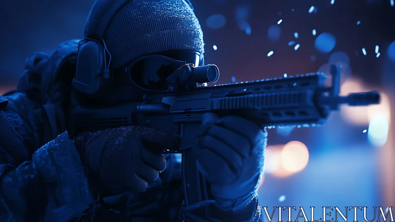 Sharpshooter in the Midnight Blue Gazes Through Scope's Lens