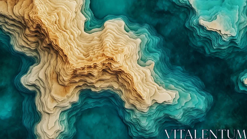 Layered desert island drifting in deep teal waters.