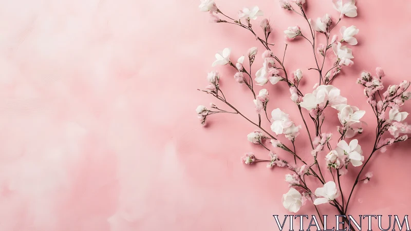 White carnation branches arranged on soft pink background surface.