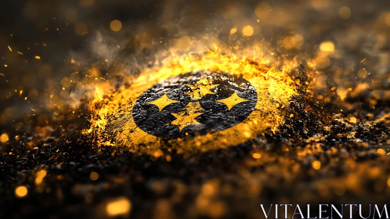 Steel emblem in molten debris with glowing particle field.