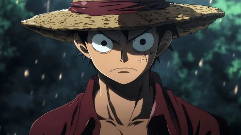 Straw hat anime character stares forward with intense focus