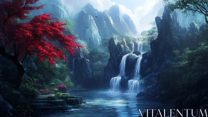 Layered waterfall valley framed by saturated foliage and misty peaks