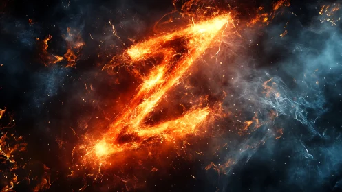 Fiery letter Z burning against dark smoky background.