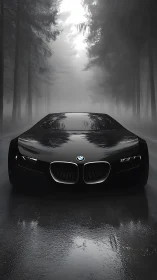 Black BMW concept car on wet forest road in dense fog.
