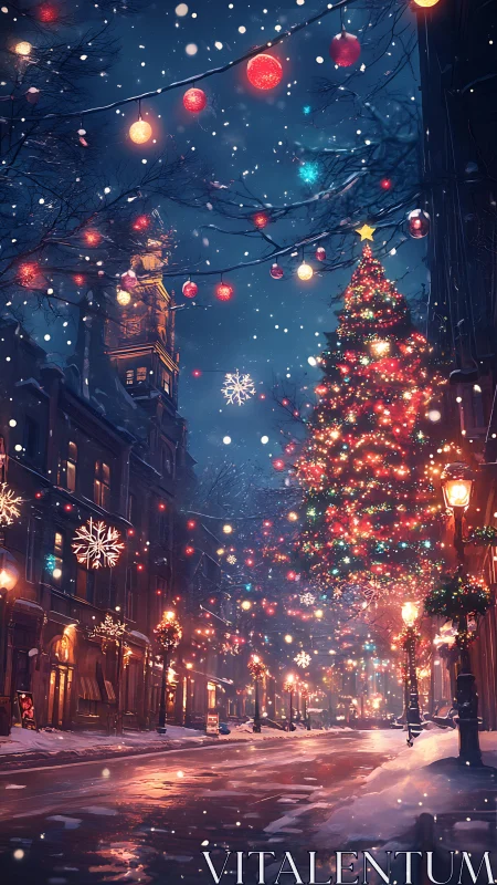 Digital painting of illuminated winter city Christmas street.