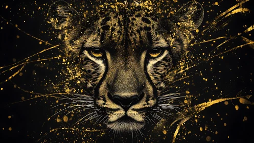 Golden Feline Portrait: Digital Splatter Art on Black.