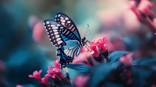 Butterfly on pink blossoms in soft focus garden setting.