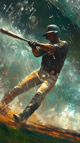 Baseball player swings bat in dynamic rain soaked action.