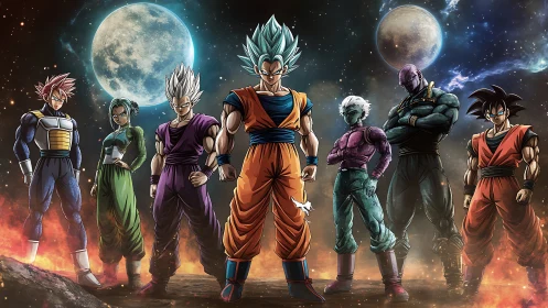 Anime warriors standing under twin moons in space.