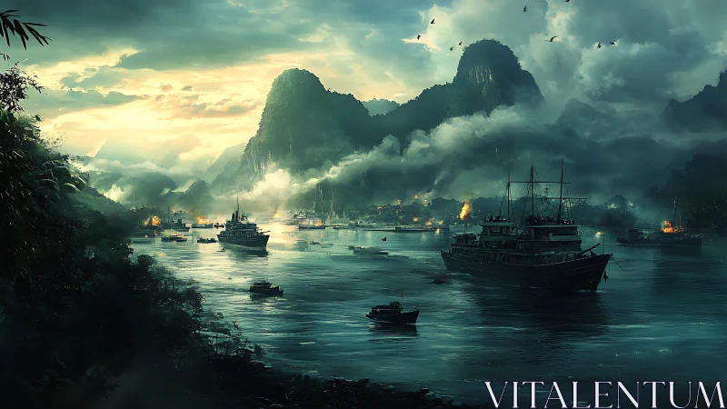 Stormlit warships stalk a misty jungle bay at twilight