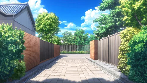 Sunlit suburban lane hums softly under an endless blue sky.