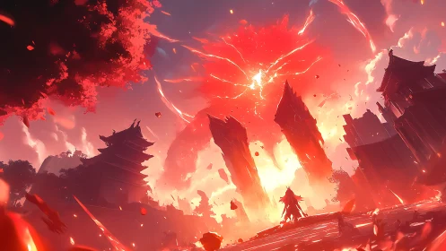 Crimson sky rips open above lone warrior in burning citadel.